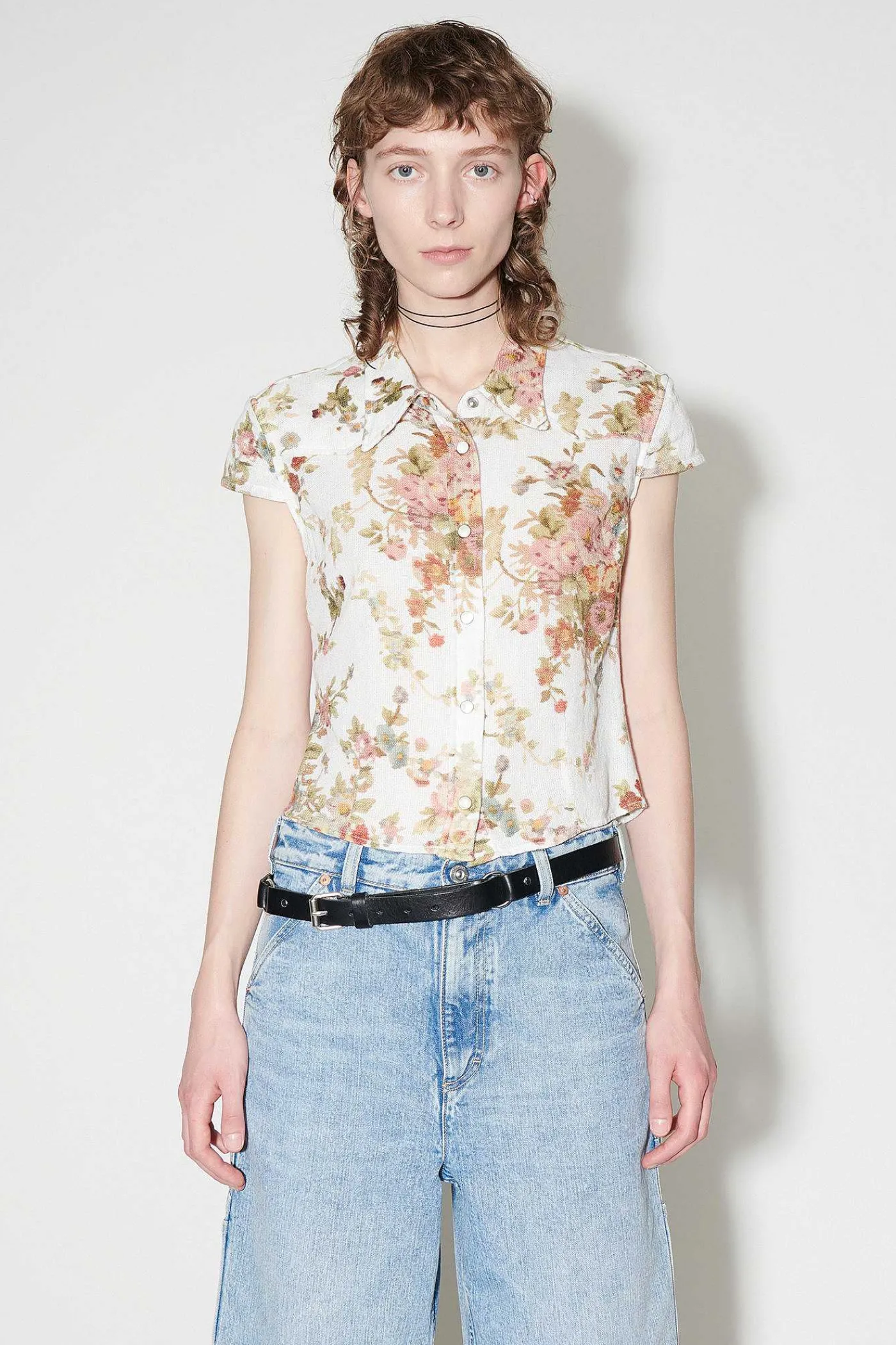 Skjorttyg|Our Legacy Daisy Shirt Kortarmad Vit Blommig Gobelangtryck